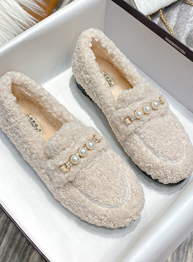 法式仙女风2025秋冬新款平底毛毛鞋加绒豆豆保暖棉鞋软底舒适单鞋