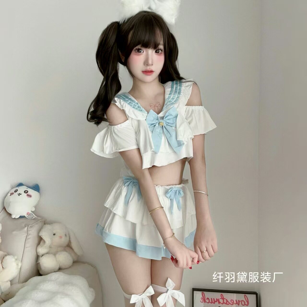 日系清纯学生装性感睡衣jk制服套装衬衫女水手服露肩蛋糕裙睡裙女