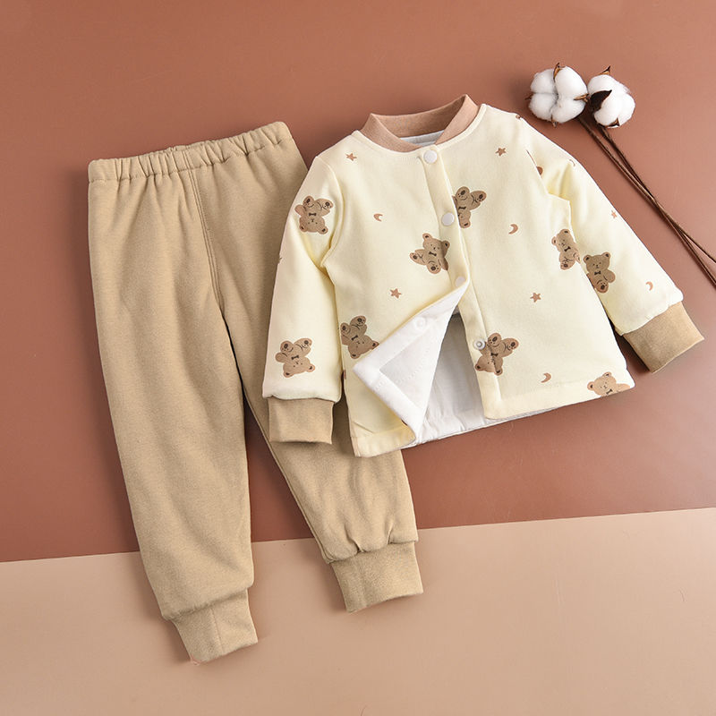 儿童厚夹棉睡衣男宝宝婴儿开衫上衣棉衣裤可开档套装家居服秋冬女