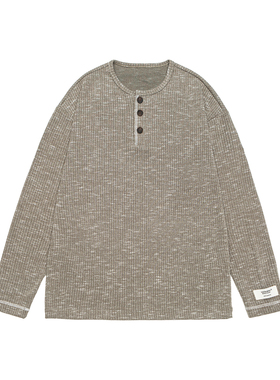 IEID复古老钱风亨利领长袖T恤大码男装宽松慵懒风美式套头上衣