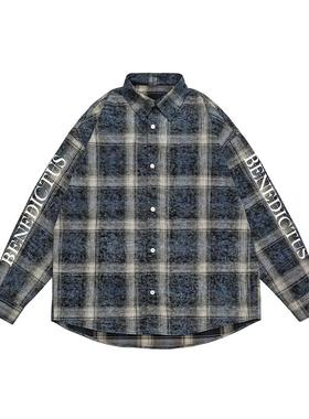 IEID美式潮牌字母印花大码宽松长袖衬衫小众纹格设计感寸衣外套男