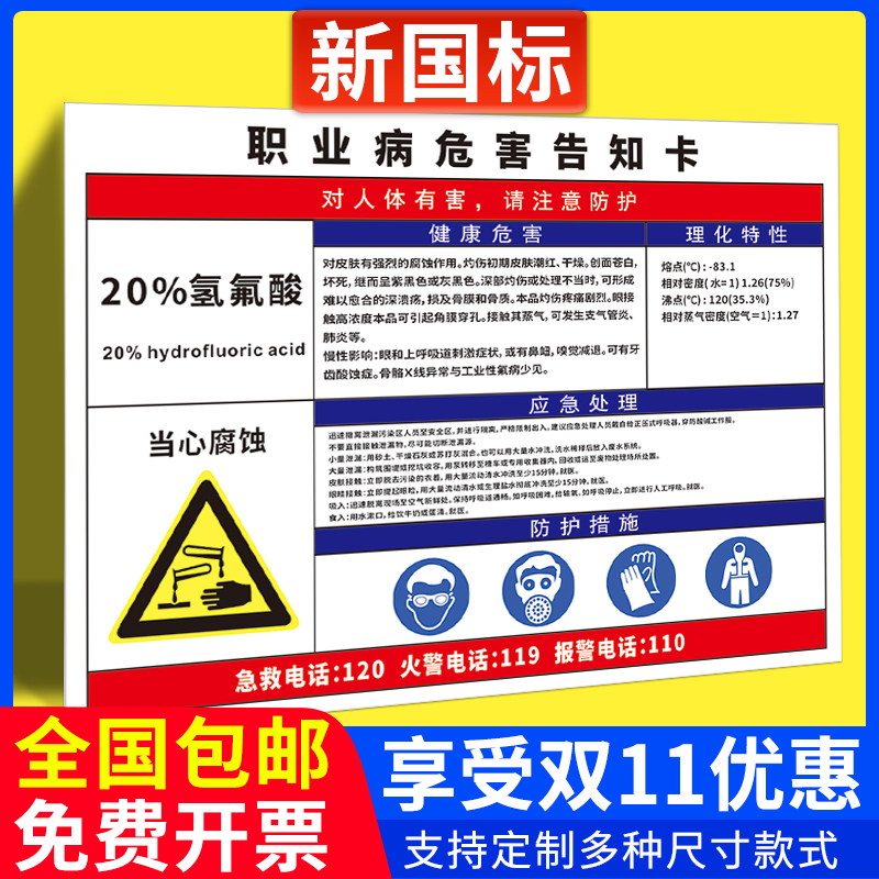20%氢氧酸职业病危害告知牌卡危险废物化学品周知卡当心中毒缺氧有害