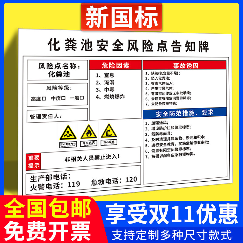 化粪池安全风险点告知牌污水处理池告知卡机械设备仓库车间冷库消防