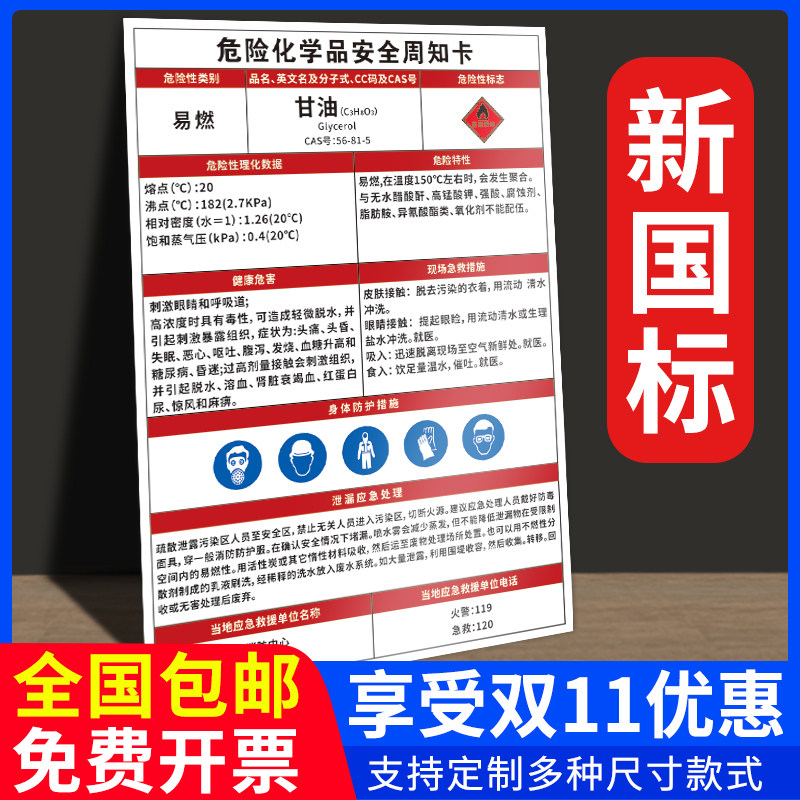 甘油危险化学品安全周知卡危险源告知牌危化品危险废物管理标识牌油漆稀释剂甲醛丙烷安全警示标示标志牌定制