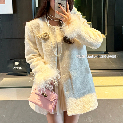 驼鸟毛中长款小香风羽绒服女冬装