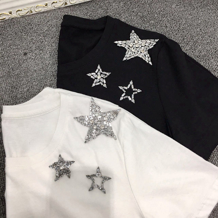 2019夏装新款韩版修身纯色袁姗姗同款水钻钉珠五角星星短袖T恤 女在类目 女装/女士精品, T恤中 - 来自Buy2taobao.com提供专业的淘宝代购服务