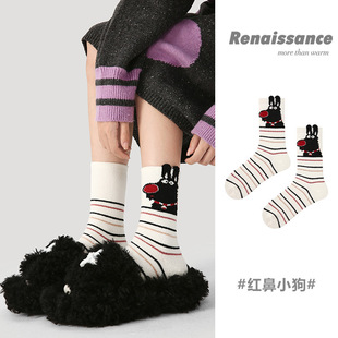 Renaissance袜子女秋冬季加绒加厚白色条纹动物ins潮仿貂绒中筒袜