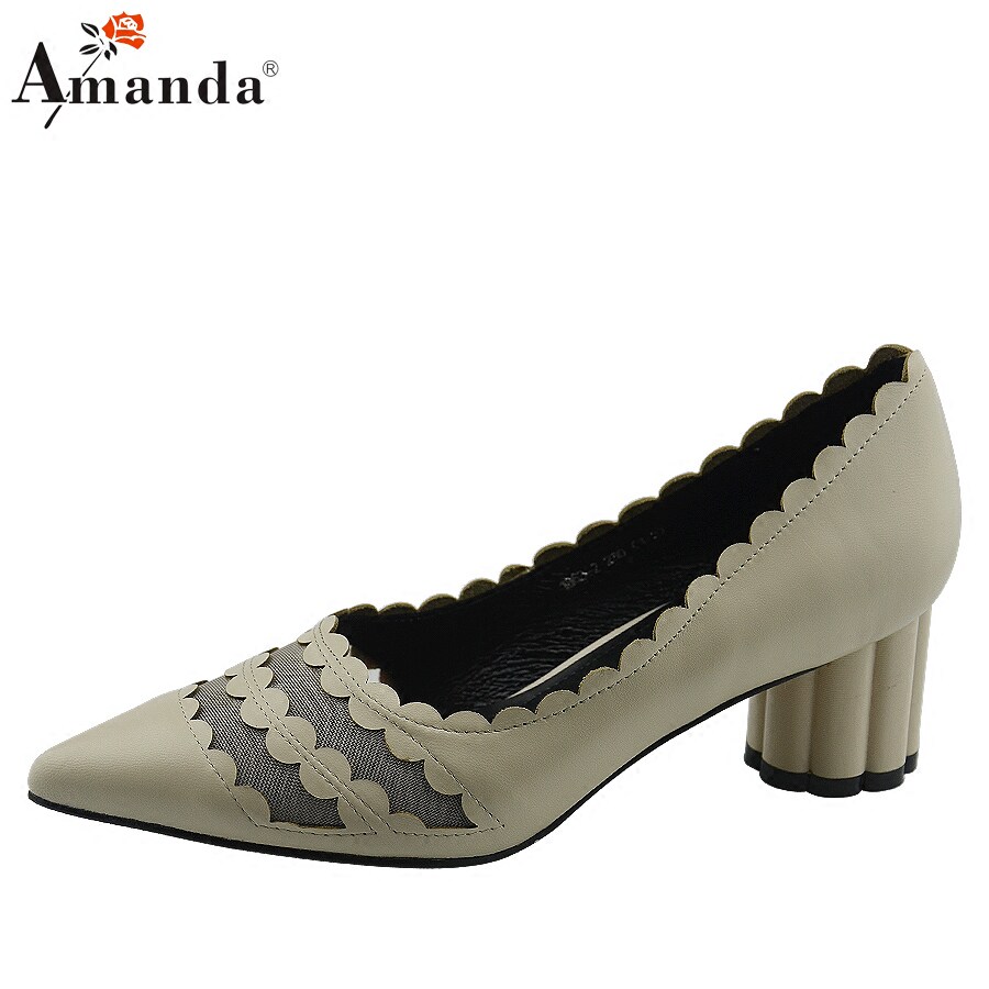 艾曼达春秋新款时尚网纱羊皮低帮中跟鞋纯色浅口女鞋尖头粗根单鞋