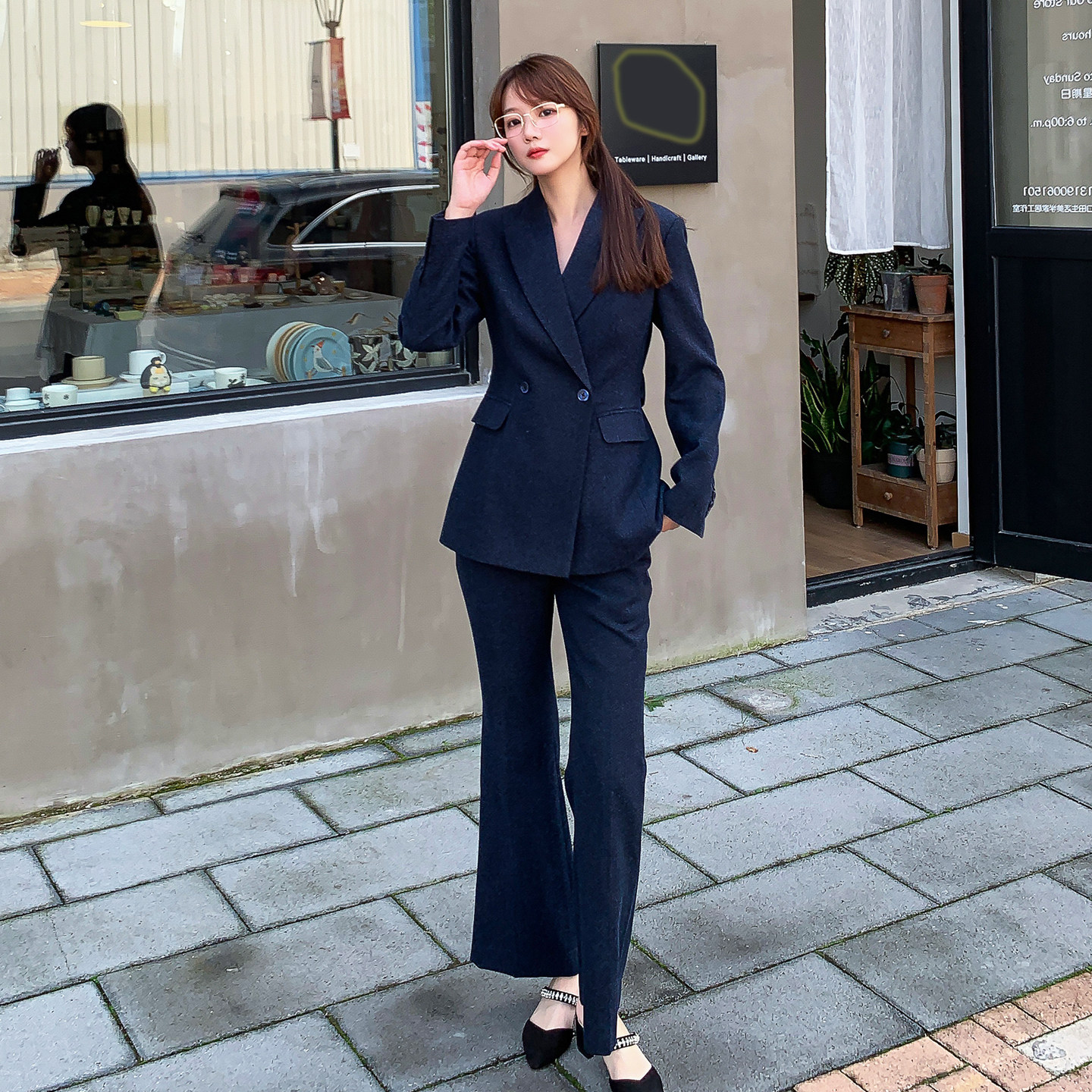 秋冬高级感藏青色休闲气质职业女士西服套装喇叭裤长裤职场套装