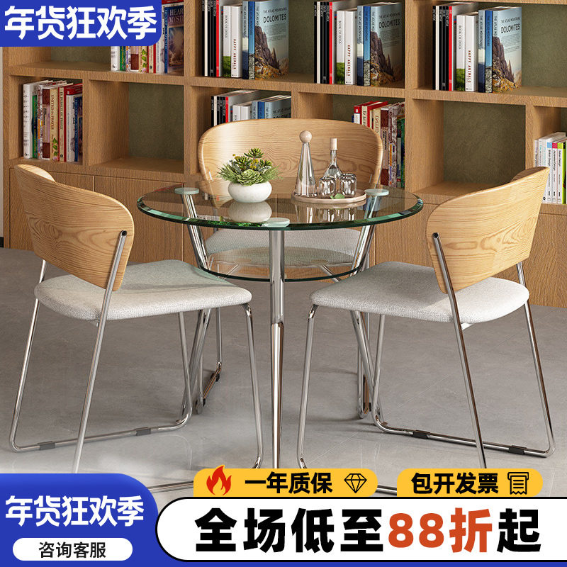 简约时尚钢化玻璃桌子 双层圆形小桌子 家用小户型餐桌店铺接待桌