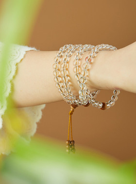 天然白水晶108颗多圈手链搭配印度老山檀手链手串女款百搭小清新