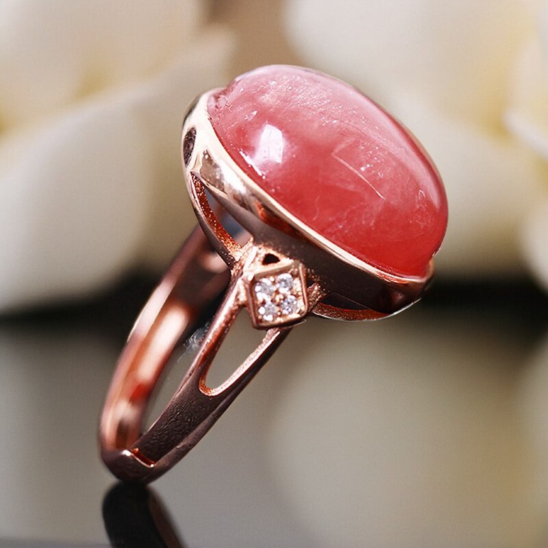 超值推荐阿根廷天然红纹石戒指女s925纯银镀玫瑰金包边镶嵌活圈口