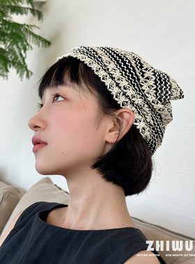 ZHIWU~春秋时髦搭配~猫耳款镂空针织帽女轻薄百搭堆堆帽包头帽子