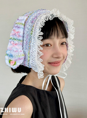 ZHIWU~多巴胺少女~可爱甜美小兔子耳朵绑带头巾帽女华丽感包头帽