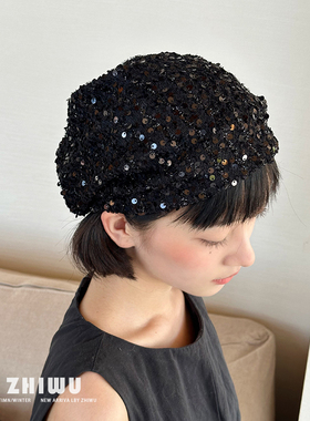 ZHIWU~春秋时髦搭配！辣妹风小众亮片堆堆帽女黑色小香风针织帽子