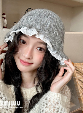 ZHIWU~秋冬甜美穿搭~气质蕾丝花边针织帽女保暖护耳毛线帽盆帽子