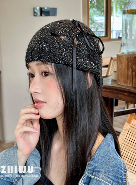 ZHIWU~小众蝴蝶结亮片针织帽女秋冬保暖护耳毛线帽辣妹风冷帽包头
