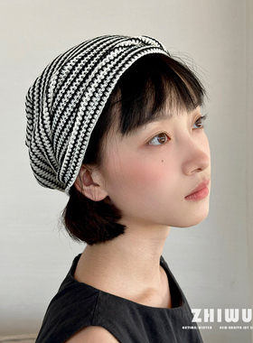 ZHIWU~日系休闲套头帽女条纹拼色堆堆帽百搭针织帽冷帽显脸小帽子