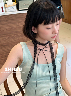 ZHIWU 叠穿层次感设计蕾丝飘带细窄女春夏百搭锁骨颈带丝巾项链