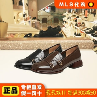 粗跟圓頭女布洛克皮鞋 A1819AA5 百思圖2025春通勤牛皮樂福鞋 BASTO
