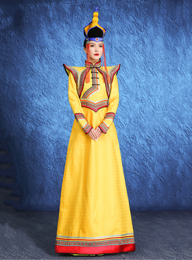 蒙古族女士成人黄色耸肩蒙古袍蒙古走秀礼仪民族舞蹈演出服饰定做