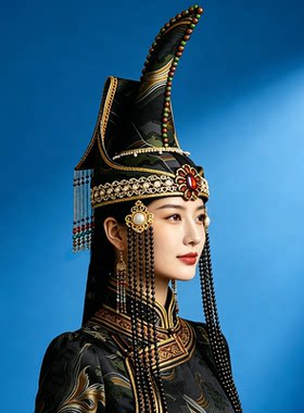蒙古族女士绿色牛角帽子流苏内蒙古民族舞蹈摄影走秀演出婚礼头饰