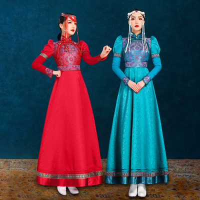原创女蒙古袍红色连衣裙内蒙古民族舞蹈演出摄影写真旅拍婚礼服饰