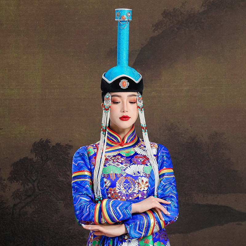 蒙古族蓝色帽子民族风高端女帽高档手工制作舞台演出发饰婚礼头饰