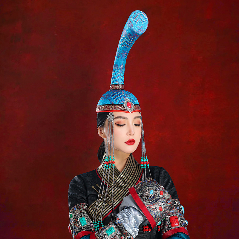 原创蒙古女士蓝色高筒牛角帽子写真摄影头饰演出走秀模特网红款