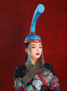 原创蒙古女士蓝色高筒牛角帽子写真摄影头饰演出走秀模特网红款