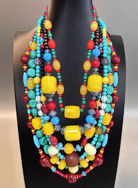 复古长款民族风藏式项链男女藏族百搭夸张松石天珠吊坠西藏服配饰