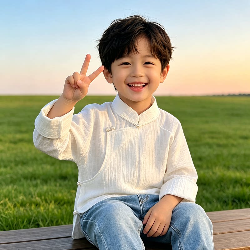 原创男女孩同款民族衬衫打底衫短款上衣儿童演出生活日常穿搭款