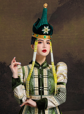 原创蒙古族女士绿色帽子内蒙古民族舞蹈演出摄影日常婚礼走秀帽饰