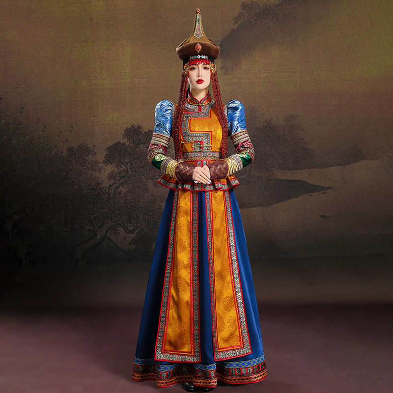 原创女士蒙古袍蓝棕色连衣裙内蒙古民族服舞蹈演出服礼仪舞台走秀
