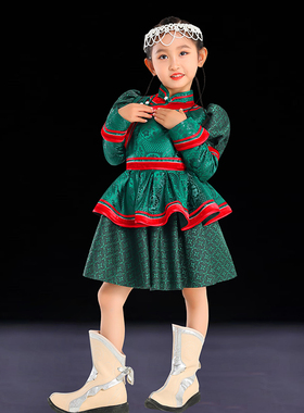 儿童女粉紫色蒙古袍内蒙古民族舞台装演出主持人唱歌礼服连衣长裙