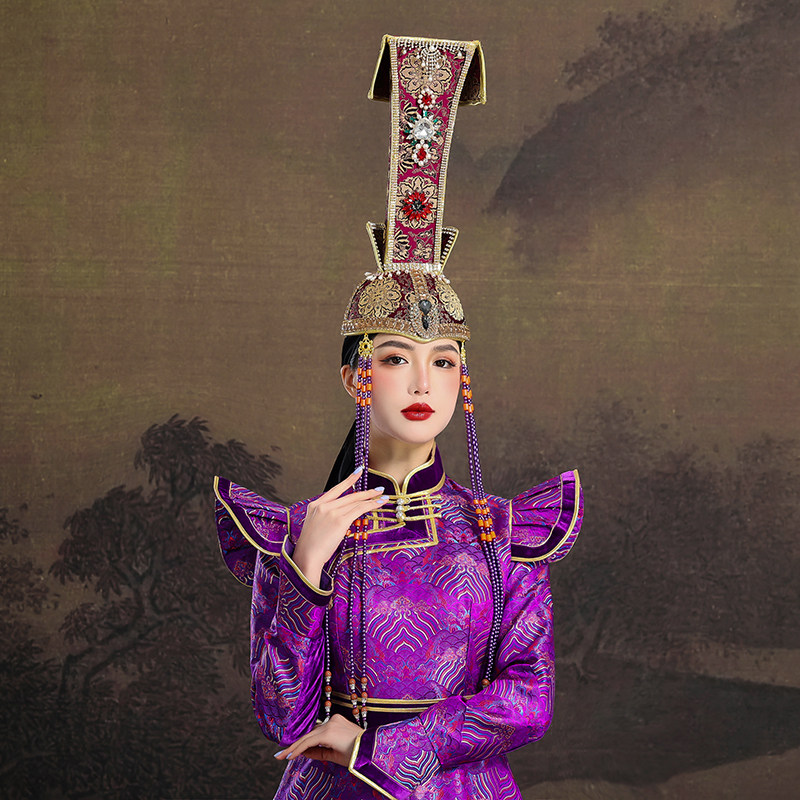 蒙古族女士紫色高顶帽子流苏内蒙古民族舞蹈演出摄影日常走秀婚礼