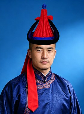 蒙古族男士尖顶传统红蓝色帽子摄影演出婚礼舞蹈王爷帽旅拍日常