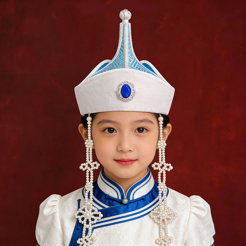 淡蓝色女童蒙古族尖顶高帽子舞蹈摄影民族头饰女孩高端走秀演出款