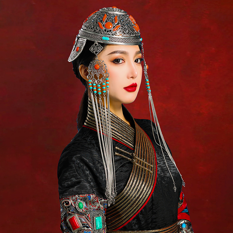 蒙古族帽子民族服饰复古仿古做旧银色高端传统头饰婚礼拍摄饰品