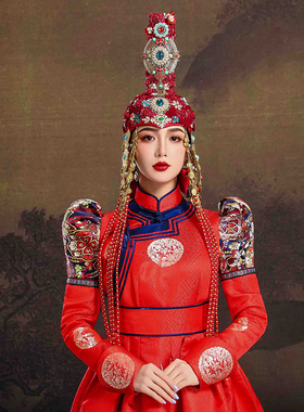 蒙古族女士红色重工帽子流苏内蒙古民族舞蹈摄影演出婚礼走秀帽子