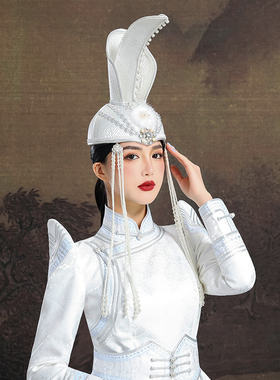 原创蒙古族牛角白色帽子内蒙古民族舞蹈演出走秀婚礼头饰高顶重工