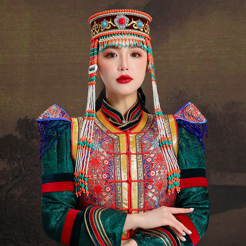蒙古族橘色帽子民族风高端女帽高档手工制作舞台演出发饰婚礼头饰