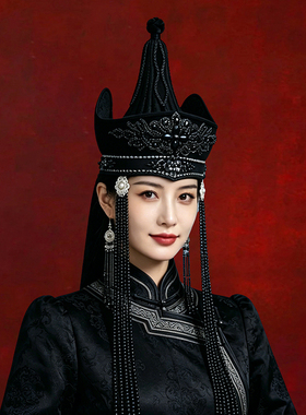 蒙古族帽子女款黑色少数民族风新款高端手工帽饰舞台演出发饰旅拍