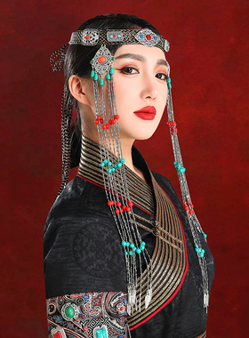 蒙古族黑色复古头饰民族风发饰品额头链子流苏高端舞蹈演出服饰