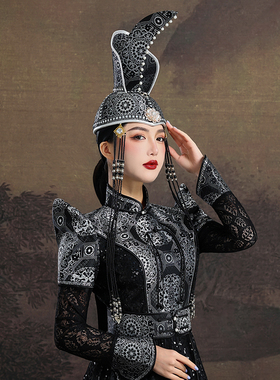 蒙古族女士银黑色牛角帽子流苏内蒙古民族舞蹈演出摄影日常走秀帽
