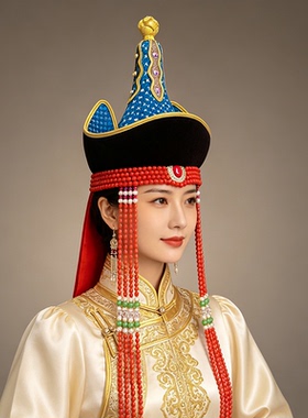原创蒙古族帽子女蓝色民族风走秀尖顶高端舞台演出发饰头饰品旅拍