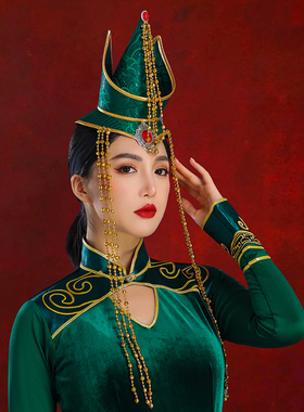 原创蒙古绿色头饰额头尖顶小帽子舞蹈民族风演出艺考婚礼发饰品