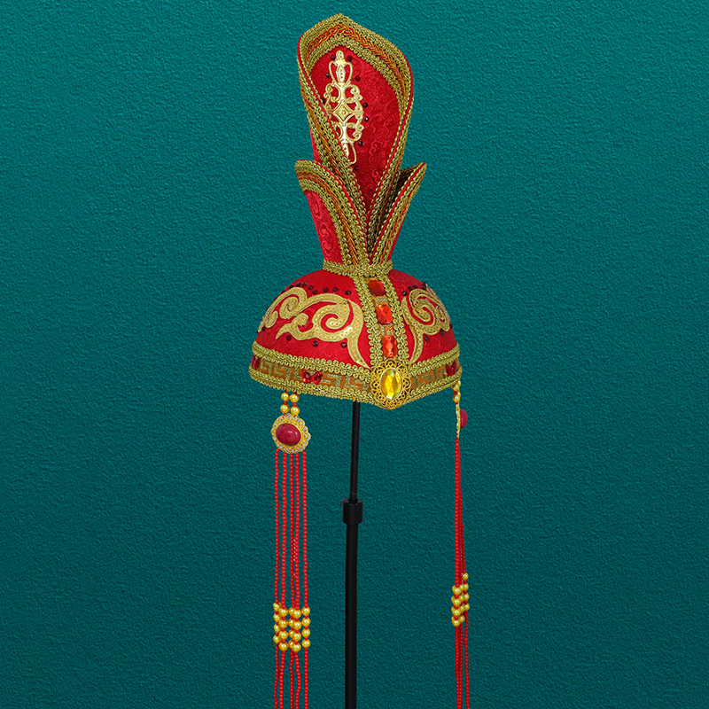 蒙古女士红色妆造帽子内蒙古民族舞蹈演出高端婚礼摄影走秀饰品