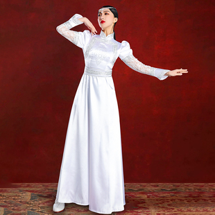 女蒙古袍白色连衣裙内蒙古高端民族服舞蹈演出摄影礼仪走秀婚礼服