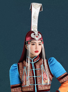 蒙古女士流苏酒红帽子内蒙古舞蹈演出发饰品高端新娘走秀婚礼头饰